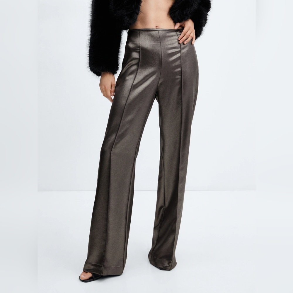 NWT Mango MNG High-Rise Satin Wide-Leg Tailored Pants Metallic Effect Size 0–1